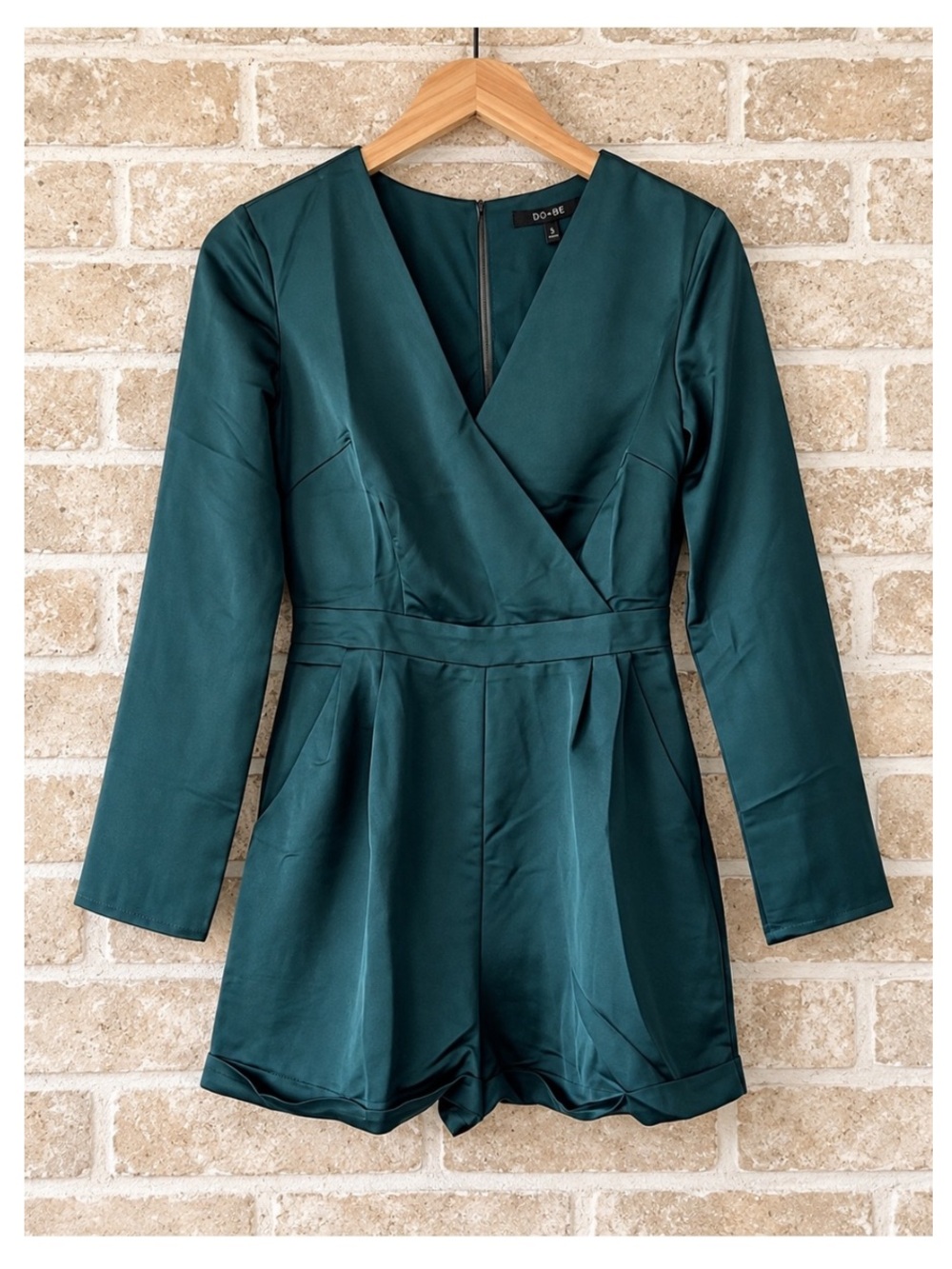 NWT 19 COOPER Satin Long Sleeve Romper w/Pockets in Teal Green